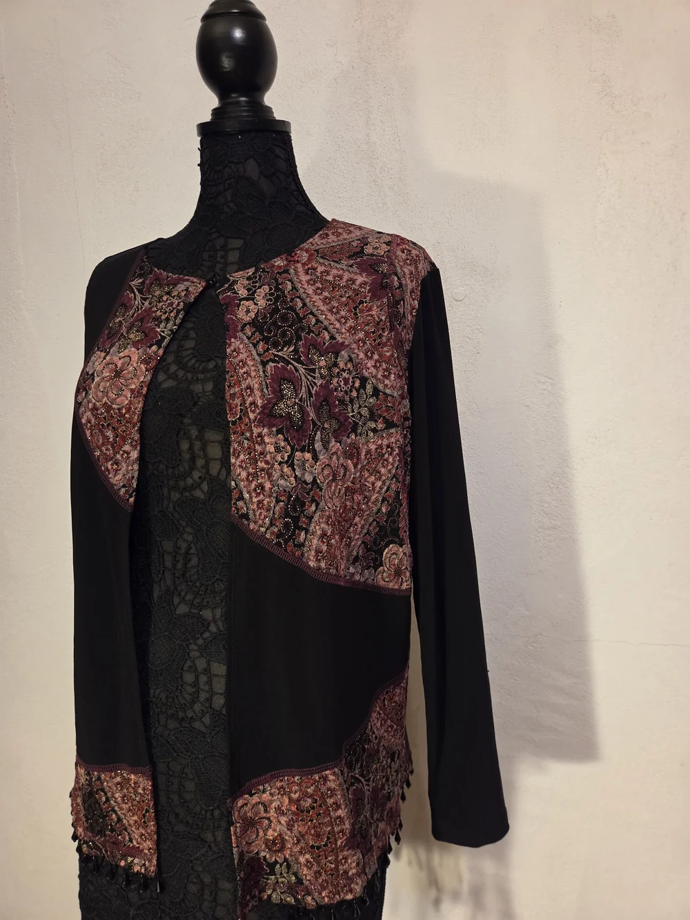 MSK Black Jacket with Burgundy and Pink Floral Panels